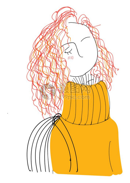 穿橙色毛衣的卷发女孩背着袋子矢量彩色画或插图图片