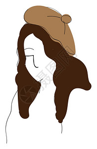 棕色头发一个有卷发和棕色贝雷帽向量彩色画或插图的女孩插画