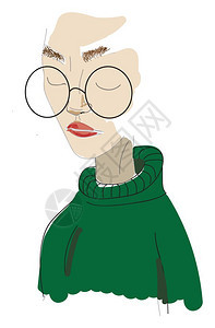 穿绿色毛衣的女孩戴大眼镜矢量彩色画或插图图片