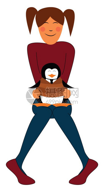 一个穿着红色毛衣的女孩抱着一只企鹅在大腿上向量彩色画或插图图片