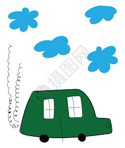 一辆绿色汽车上面有4个蓝色云层矢量图图片