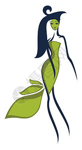 一个绿色苗条女抽象插图长发向量颜色图画或插图片