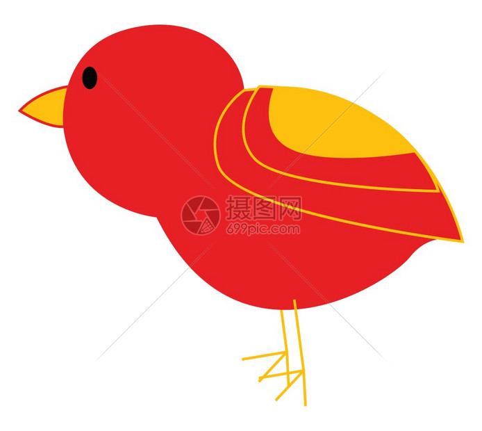 一只可爱的红鸟有黄嘴矢量彩色画或插图图片