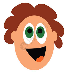 一个快乐的男孩绿色眼睛和棕卷发微笑矢量彩色画或插图图片