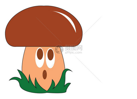 一只奇怪的棕色蘑菇坐在草地上矢量彩色画或插图上图片
