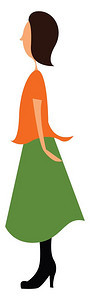 身着橙色顶部和长绿裙子的高个女士穿着黑色靴子矢量彩色画或插图图片