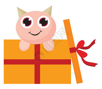 一只可爱的粉红怪物眼睛可爱坐在黄色的礼物盒里上面有红丝带矢量彩色画或插图图片