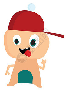 一个可爱的桃子怪物戴着红色帽子舌头向量彩色画或插图图片