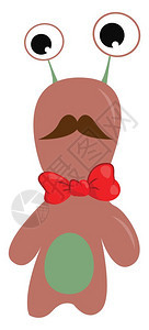 粉红怪物有绿腹和棕胡子身着红弓向量彩色图画或插图片