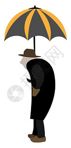 一个穿黑大衣的粗俗老人戴着棕色帽子在灰和黄的雨伞下向量彩色画或插图图片