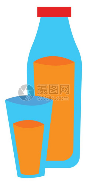 装满橙汁的蓝色瓶子红盖旁边装满橙汁矢量彩色画或插图图片