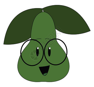 笑的深绿色梨子有两片叶和圆杯矢量彩色画或插图背景图片