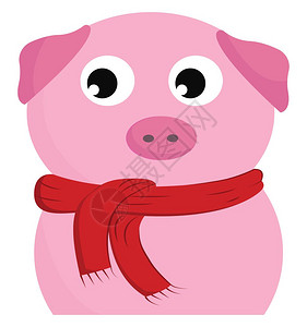 一只穿红色围巾矢量彩色画或插图的可爱粉色猪图片
