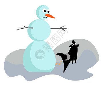 一只可爱的小雪人滑板有三个大球小不同鼻子有胡萝卜看起来很悲伤而一只黑狗跑近它向量颜色图画或插图片