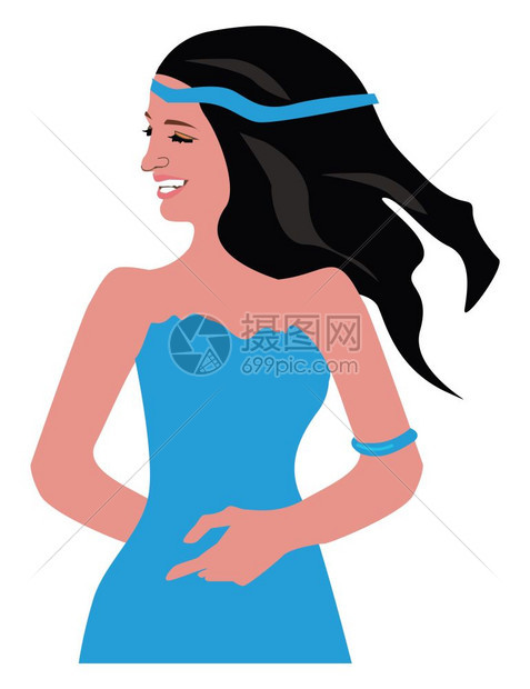 一个穿着蓝色无袖裙子的美女图片