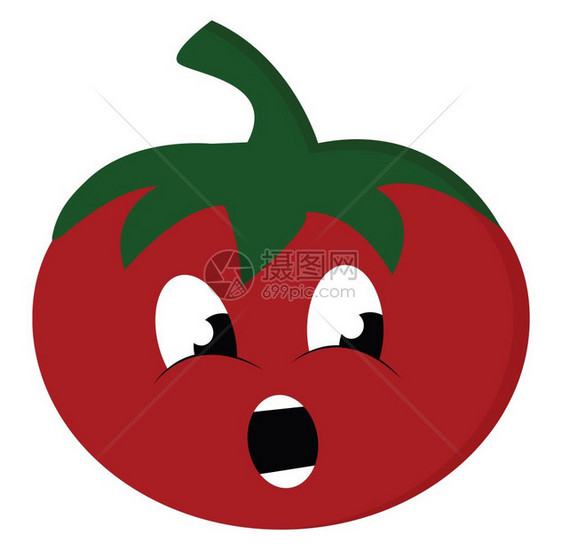 红番茄的伊莫吉长着一双尖绿色尾巴盯着左侧的一个人嘴上长着的形站着向量彩色画或插图图片