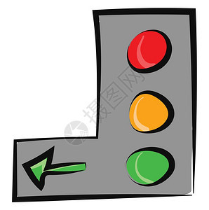 在垂直交通信号板上涂红色黄和绿三个不同的灯泡左箭头矢量彩色图画或插图片