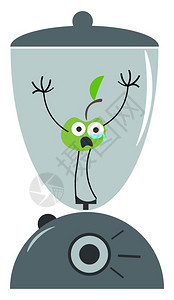 绿色苹果在混入灰搅拌机时被吓得惊搅拌机配有黑色按钮和透明罐头矢量彩色图画或插图片