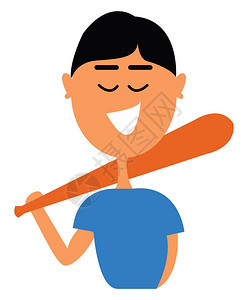 一个小男孩的滑板一个穿蓝色T恤的棒球运动员拿着棍眼睛闭着笑矢量彩色绘画或插图图片