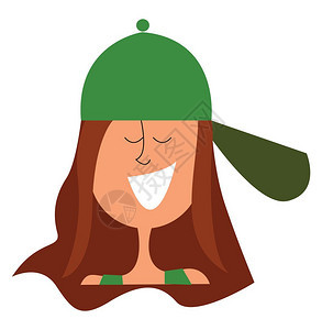 身着绿色无袖顶部的女孩剪贴板上穿着绿色的顶帽双眼闭着取笑矢量彩色绘画或插图图片