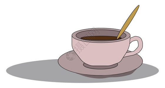 粉红咖啡杯的油漆装有把手柄满咖啡和一根木棍放在粉色碟子上有人可以享受到矢量彩色绘画或插图图片