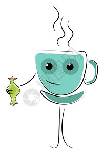 傻笑盛满热饮的蓝色咖啡杯emoji装着绿色糖果矢量彩图画或插时插画