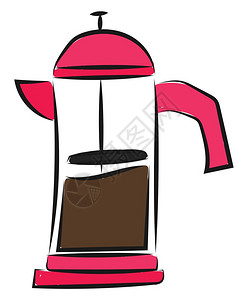 涂漆含粉色手柄嘴和底的咖啡制造器粉色口袋和底部含咖啡的半透明罐子矢量彩色图或插图片