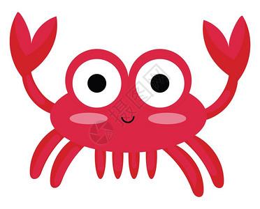 笑可爱的小红漫画螃蟹有两个尖的钉子双腿和两只大眼睛是极其快乐的矢量颜色图画或插图片