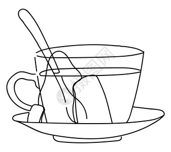 在茶杯中装有牛奶和勺子的茶杯中有人可以享受矢量彩色绘画或插图插画