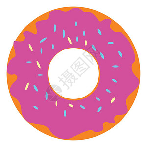 一个大棕色甜圈上面有粉红霜和多彩的喷洒是美味甜的矢量彩色图画或插图片