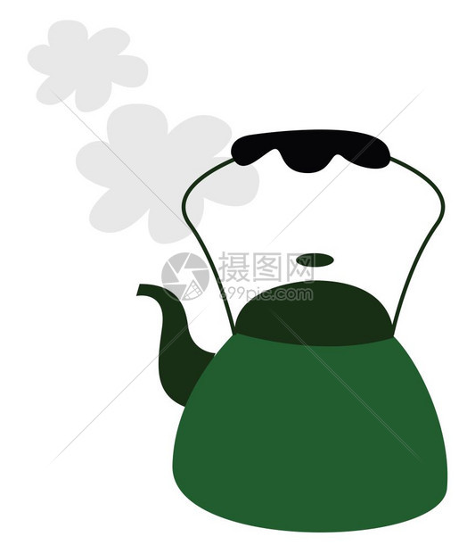 绿色彩茶壶配有手柄蒸汽矢量彩色绘画或插图图片