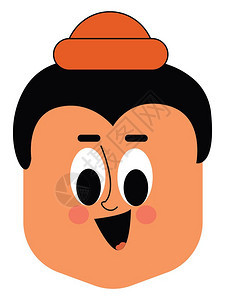 身戴橙色帽子的小孩双眼圆大面孔张开向量彩色画或插图图片