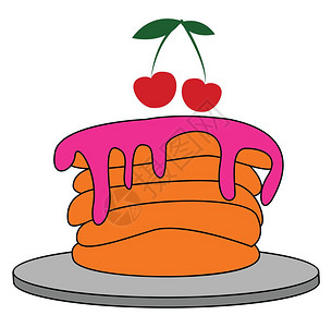 橙色五层煎饼上面有紫色奶油上面有两块苹果盘子矢量彩色画或插图上放有叶子图片