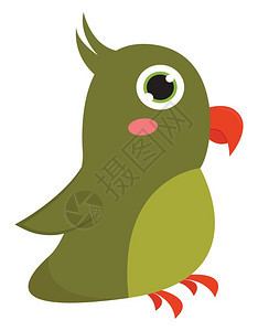 绿色鹦鹉有小红嘴闪亮的眼睛两只小爪子和粉色花蜜矢量彩色绘画或插图图片