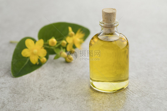 StJohnrswort花朵和一瓶草药油图片