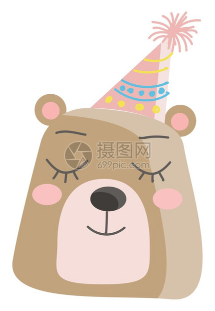 卡通棕色戴着生日帽的小熊矢量插图图片