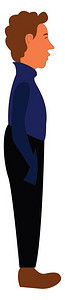 蓝高颈部毛衣和黑裤子矢量或颜色插图中的男孩图片