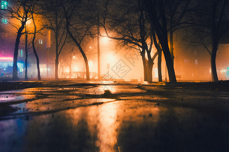 雨 雾福吉和雨之夜在城市公园背景