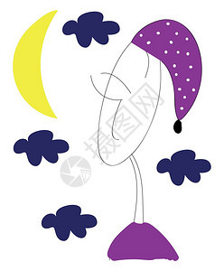 身穿紫色睡袍和帽的男孩正在观看月亮和夜云矢量的颜色图画或插图片