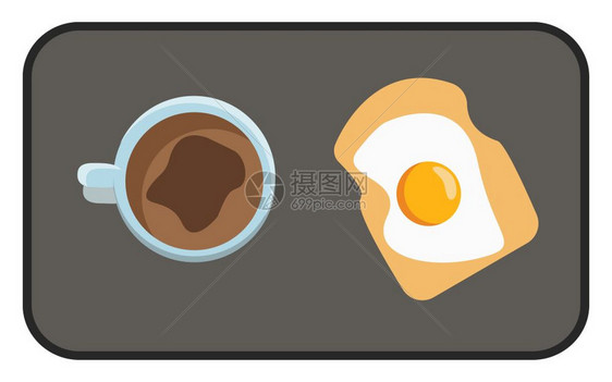 一个黑色托盘提供一杯咖啡片烤面包和阳光明媚的一面鸡蛋在包矢量彩色图画或插上图片
