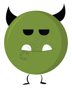 圆形绿色怪物有黑角和两颗牙齿直立的矢量颜色图画或插图片