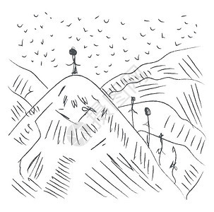 山地的铅笔绘画有很多鸟和人站在山上矢量彩色绘画或插图图片