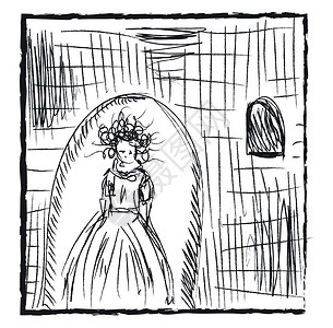 一个穿着长袍住在古老城堡矢量彩色绘画或插图的卷头发女孩铅笔素描图片