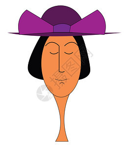一位短黑头发的女士闭上眼睛戴着一顶大紫色帽子上面有个巨大的紫色弓上面是矢量彩色画或插图图片