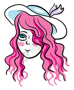 一个穿轻蓝帽子紫弓矢量彩色绘画或插图的女孩图片