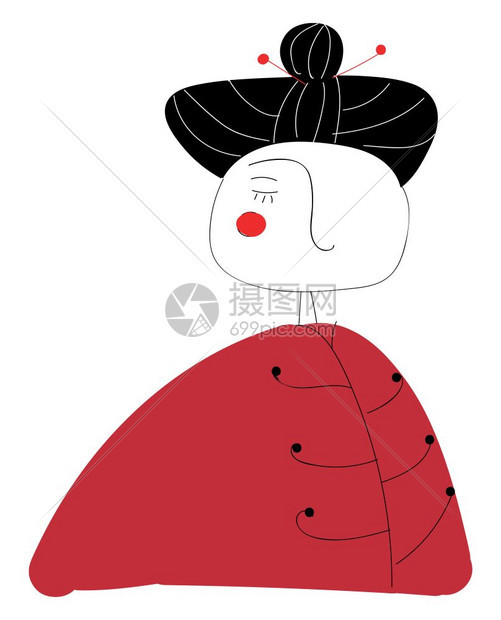 一名日本女孩穿着传统服装的剪贴板用设计图和一只闭眼矢量彩色图或插印刷图片