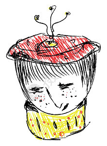 用黄色围巾绘画一个小男孩表达悲伤的矢量颜色绘画或插图图片