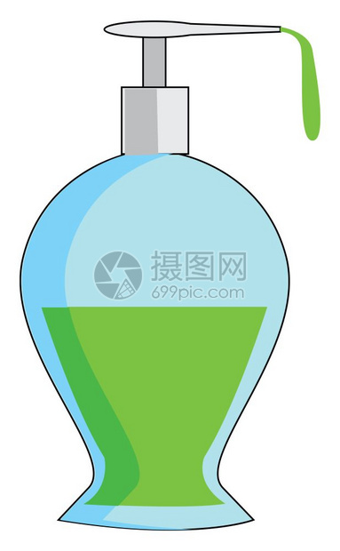由塑料制成的蓝色撒布泵瓶含有绿色的溶液图片