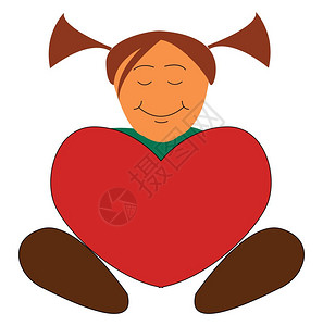 一个小女孩拿着红色的大心脏闭着眼睛大笑脸朝玫瑰颊张开而她穿着绿衣两匹马尾巴画彩或插图图片