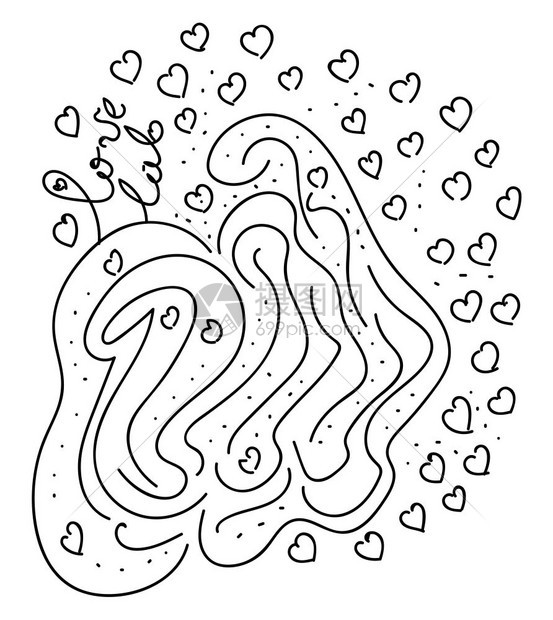 美丽的Labyrinth的一部分设计用黑色的心并写成爱情实验室揭示了两个人的爱矢量彩色绘画或插图图片